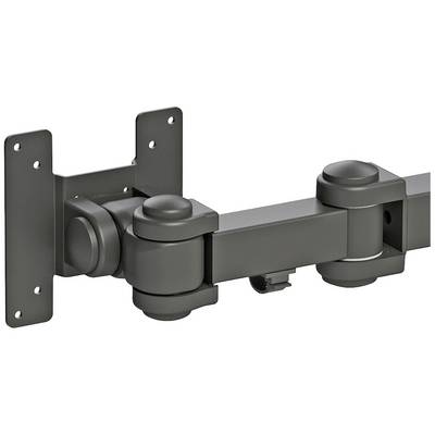 Zwarte tv-wandbeugel met scharnierende armen en wandplaat, geschikt voor flexibele positionering van een flatscreen televisie.