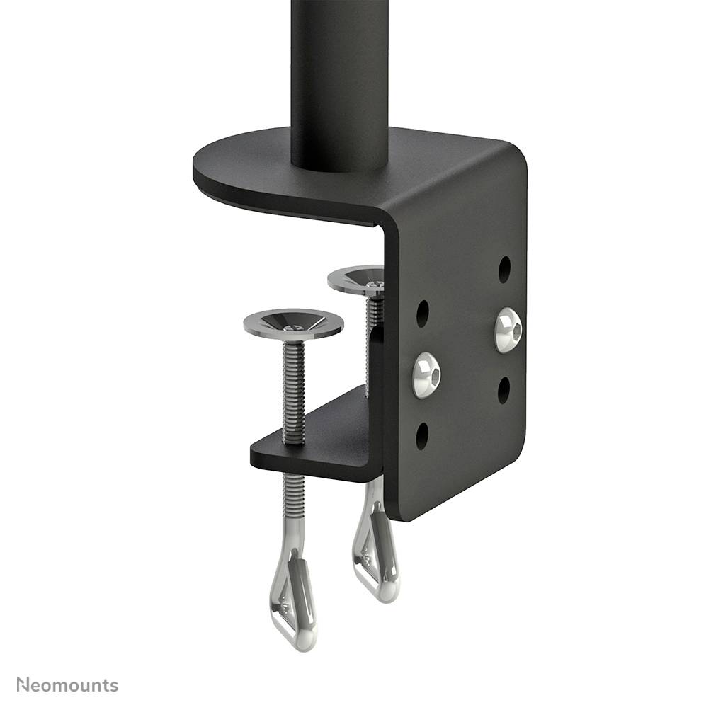 Zwarte tafelklem voor het bevestigen van monitorarmen, met twee zilveren schroeven voor hoogteaanpassing op bureaus.