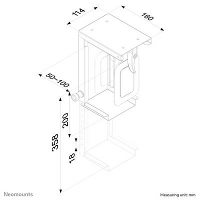Een technische tekening van een verstelbare houder met afmetingen in millimeters: breedte 114 mm, diepte 160 mm, hoogte 50-100 mm.