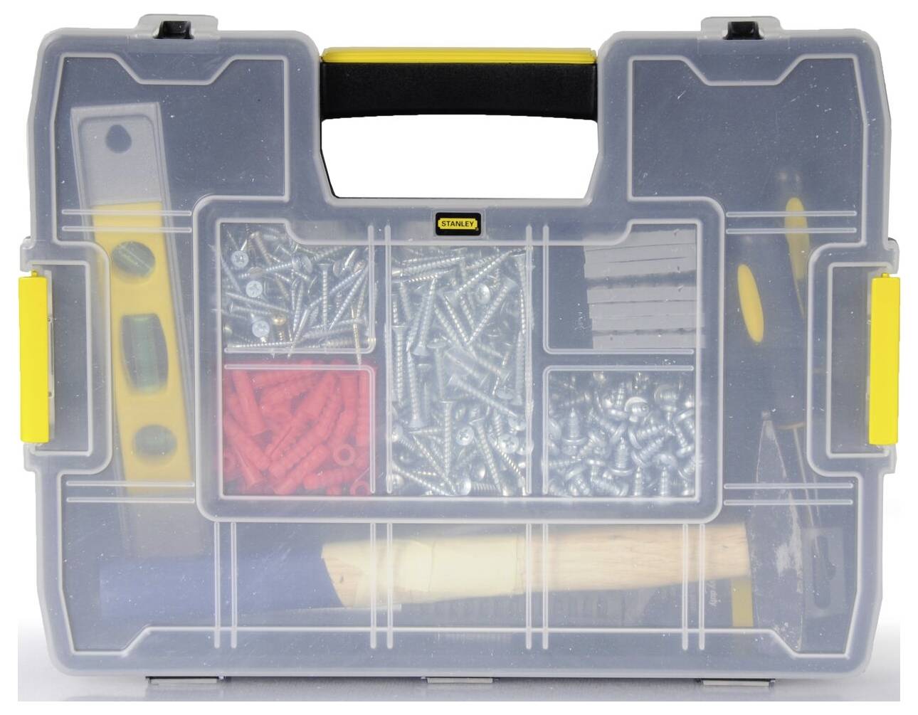 Een transparante gereedschapskist met schroeven, pluggen, een waterpas en een hamer. Ideaal voor klusprojecten.