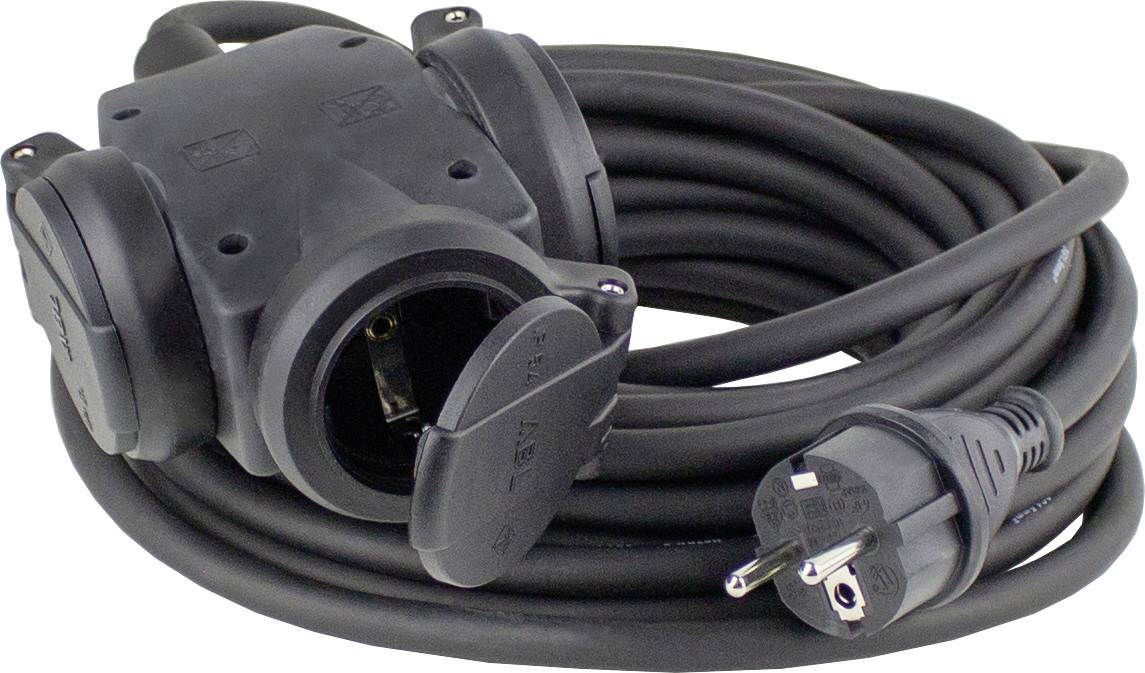 Zwart verlengsnoer met twee stopcontacten en een Schuko-stekker, geschikt voor gebruik buitenshuis.