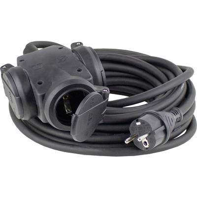 Zwart verlengsnoer met twee stopcontacten en een Schuko-stekker, geschikt voor gebruik buitenshuis.