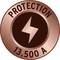 Koperen medaille met bliksemschicht in het midden. Bovenaan staat 'PROTECTION', onderaan '13.500 A'. Symboliseert stroombeveiliging.