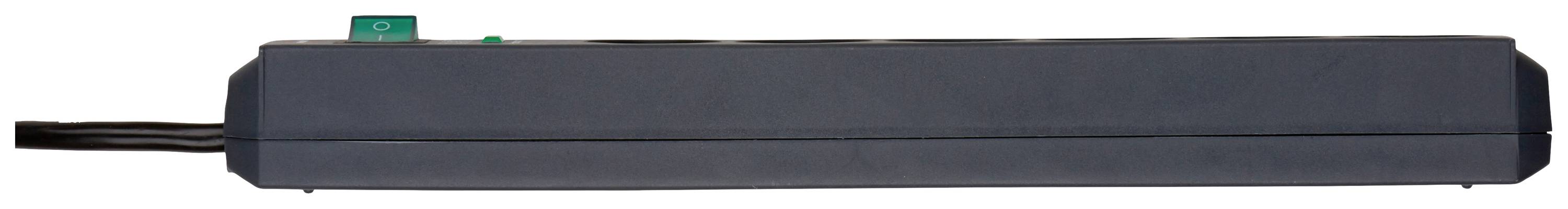 Een zwarte stekkerdoos met meerdere aansluitingen en een felgroen schakelaar bovenaan.