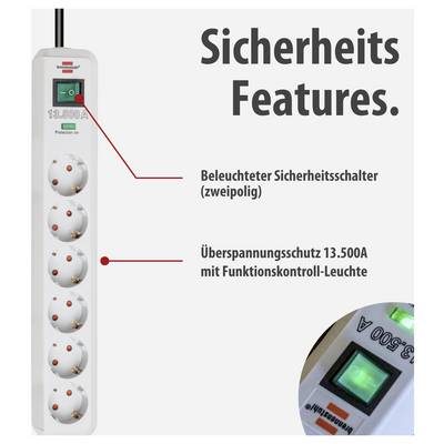 Reclame-afbeelding van een stekkerdoos met koptekst 'Veiligheidsfuncties': verlichte veiligheidsschakelaar en 13.500A-overspanningsbeveiliging met bedrijfscontrolelampje.