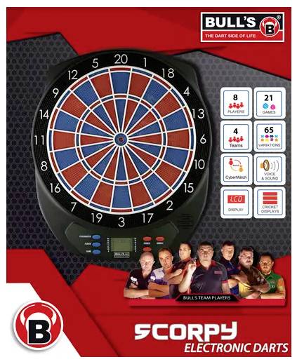 Elektronisch dartbord met digitaal display. Functies: tot 8 spelers, 84 spellen, 4 teams, 65 variaties. Inclusief geluidseffecten.
