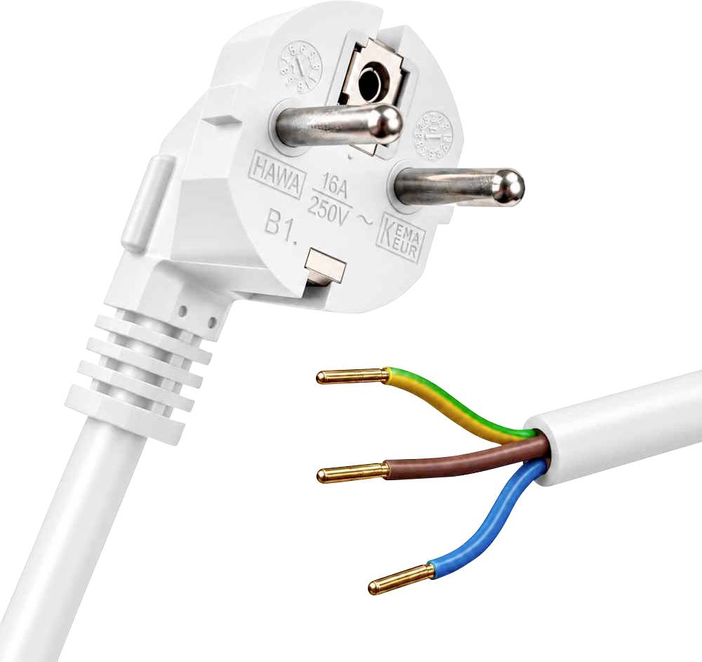 Close-up van een Europese stekker en zichtbaar drie-aderige kabel, met 'made in Germany' label; toont bedrading en stekkertype.