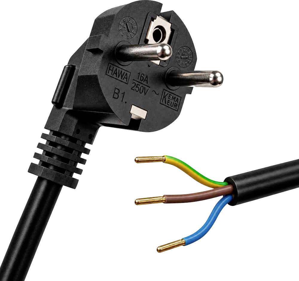 Close-up van een Europese stekker en een doorgesneden kabel met zichtbare bruine, blauwe en groen-gele draden, met het label 'Made in Germany'.