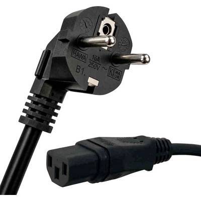Zwart Duitse HAWA 16A 250V stroomkabel met tweepolige Europese stekker en bijbehorende vrouwelijke connector, gelabeld 'gemaakt in Duitsland' met Duitse vlagkleuren.