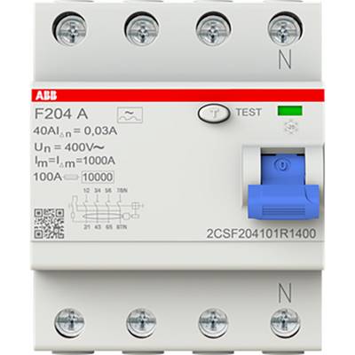 Een ABB aardlekschakelaar met blauwe testknop, technische specificaties en schakelschema aan de voorkant.