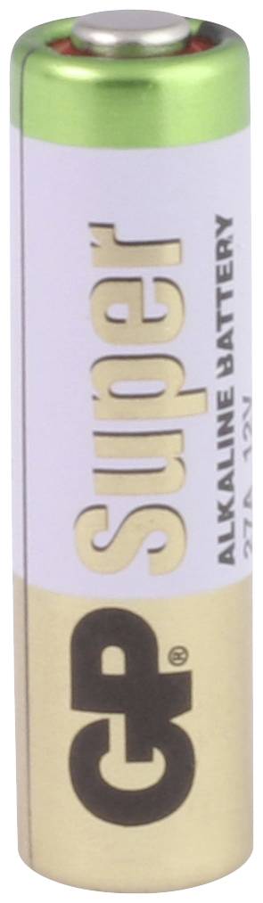 AA-batterij met opschrift 'Super Alkaline Battery GP'. Zilveren en gouden cilinder met groene accent aan de bovenkant.