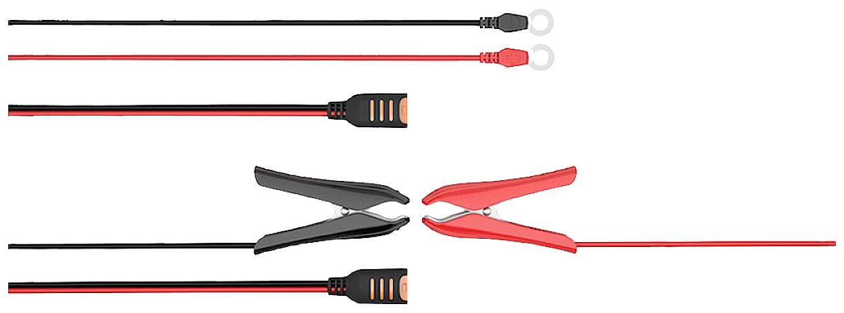 Rood-zwart startkabel-set, met krokodillenklemmen en ringkabelschoenen, op een witte achtergrond.