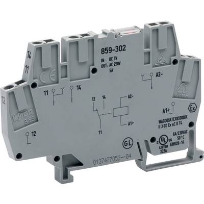'WAGO 859-302 relaismodule, ingang: DC 5V, uitgang: AC 250V, 5A. Grijze behuizing met meerdere aansluitklemmen en gedrukt elektrisch schema.'