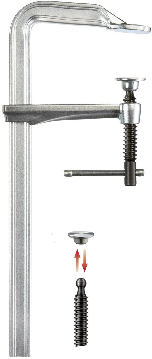 Metalen klem met schroefmechanisme en rode pijl die de schroefrichting aangeeft. Gereedschap voor het bevestigen van materialen.