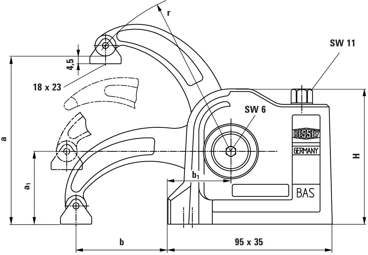 Technische tekening van een spangereedschap met maatvoering. Opvallende details: SW 11, SW 6, 95 x 35 mm. Verschillende hoeken en afstanden aangegeven.