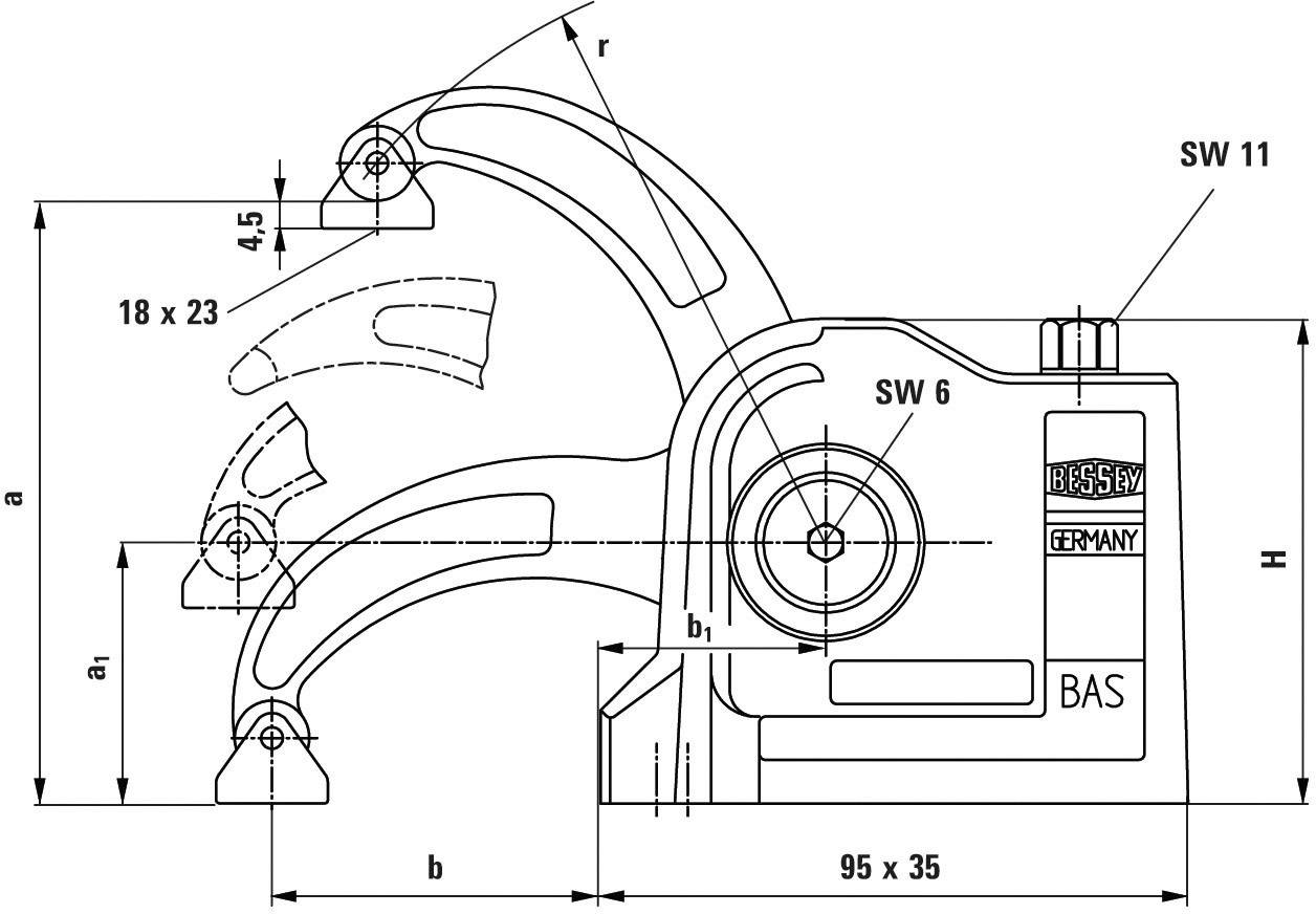 Technische tekening van een gereedschap met afmetingen in millimeters. Hoofdafmetingen zijn 95x35 voor de basisbehuizing en 18x23 voor een component.