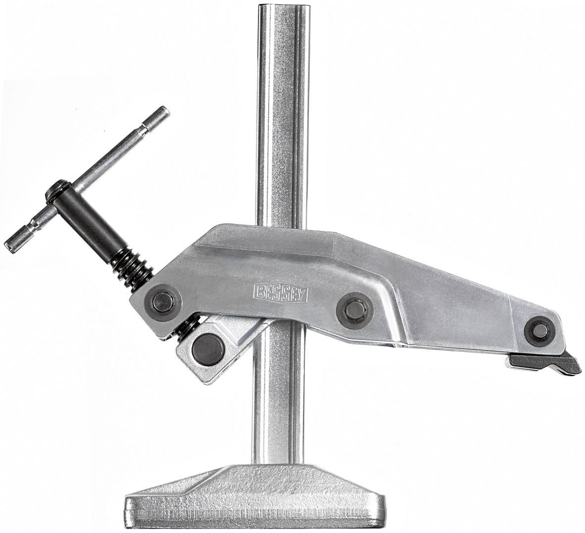 Een zilveren buigtang, stevig en metaalachtig, met een grote hefboomarm, gemonteerd op een metalen standaard.