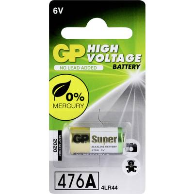 Batterijverpakking van het merk GP Super, type 476A, 6V, kwikvrij. Houdbaarheidsdatum 2020. Bevat geen looddeeltjes.