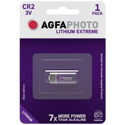 Packaging of an AGFAPHOTO CR2 3V Lithium Battery, suitable for cameras. Highlights high performance and long-lasting durability compared to alkaline batteries.