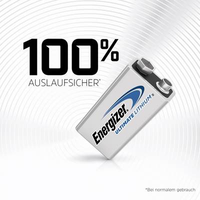 '100% lekvrij' staat boven een Energizer Ultimate Lithium 9V-batterij. Onder de afbeelding: '*Bij normaal gebruik'. Achtergrond met cirkelmotief.
