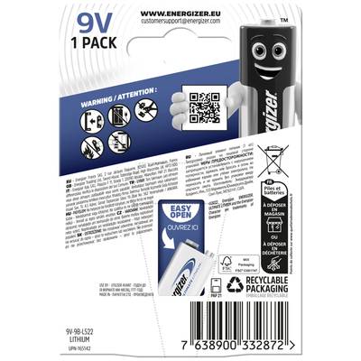 Achterkant van de verpakking van een 9V lithiumbatterij. Bovenaan is een QR-code zichtbaar, daaronder staat een waarschuwing in meerdere talen.