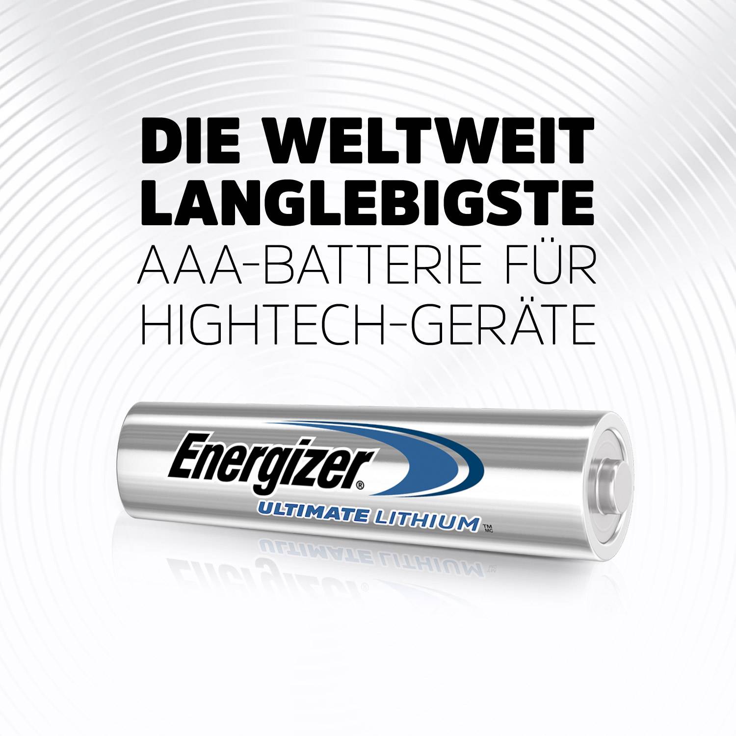 AAA-batterij van Energizer, gepromoot als de langst meegaande ter wereld voor hightech-apparaten. Batterijontwerp met Energizer-logo zichtbaar.