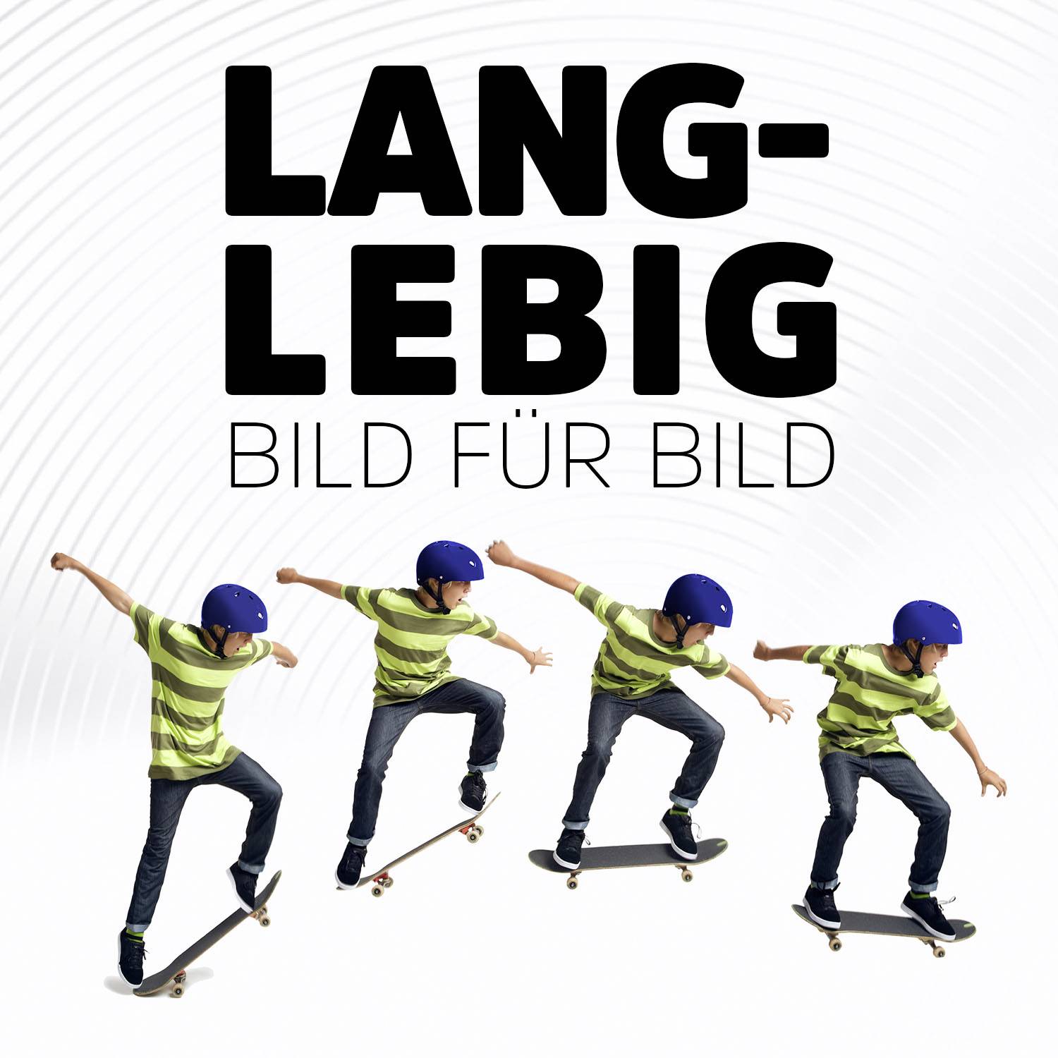 'Lang-lebig Beeld voor Beeld' toont een jongen op een skateboard in vier opeenvolgende houdingen.