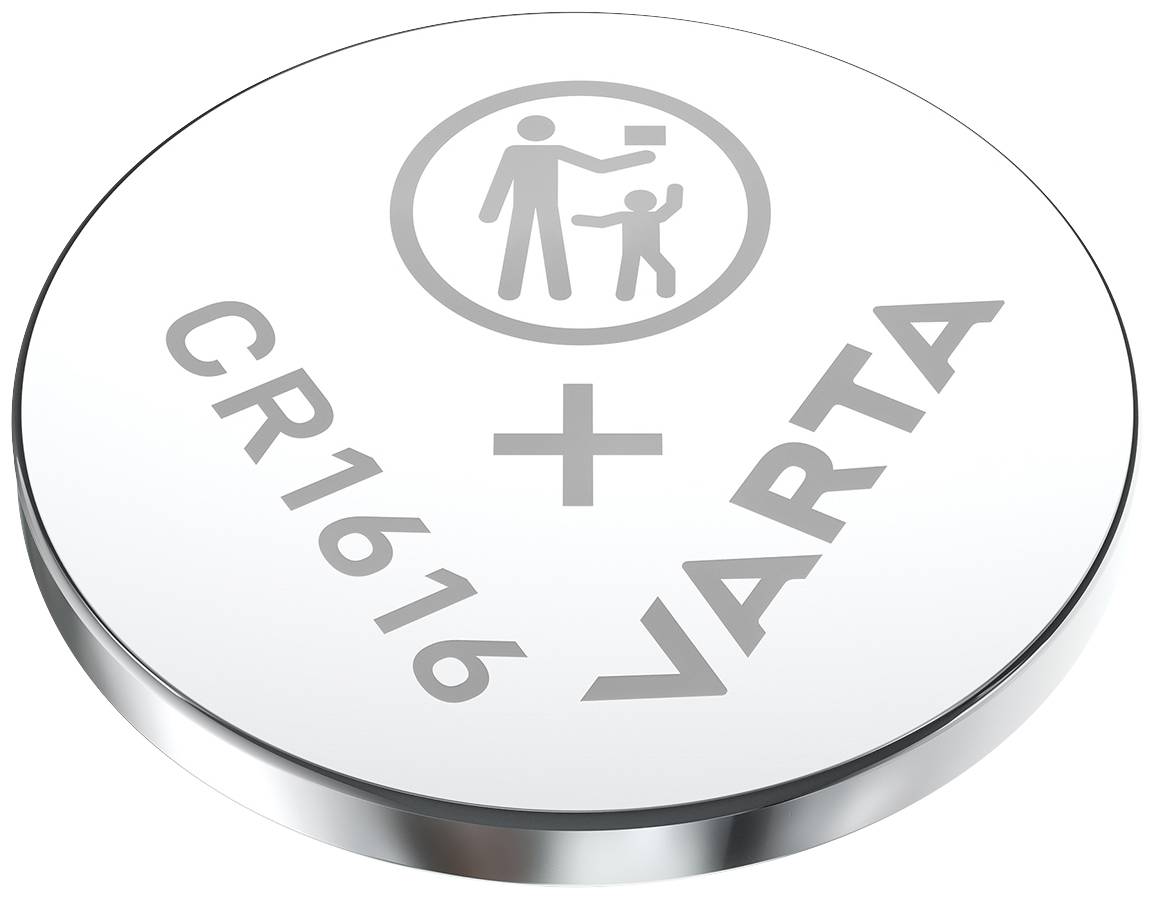 'VARTA CR1616'-batterij, zilver, rond, met plusbord. Symbool voor kinderveiligheid bovenaan.
