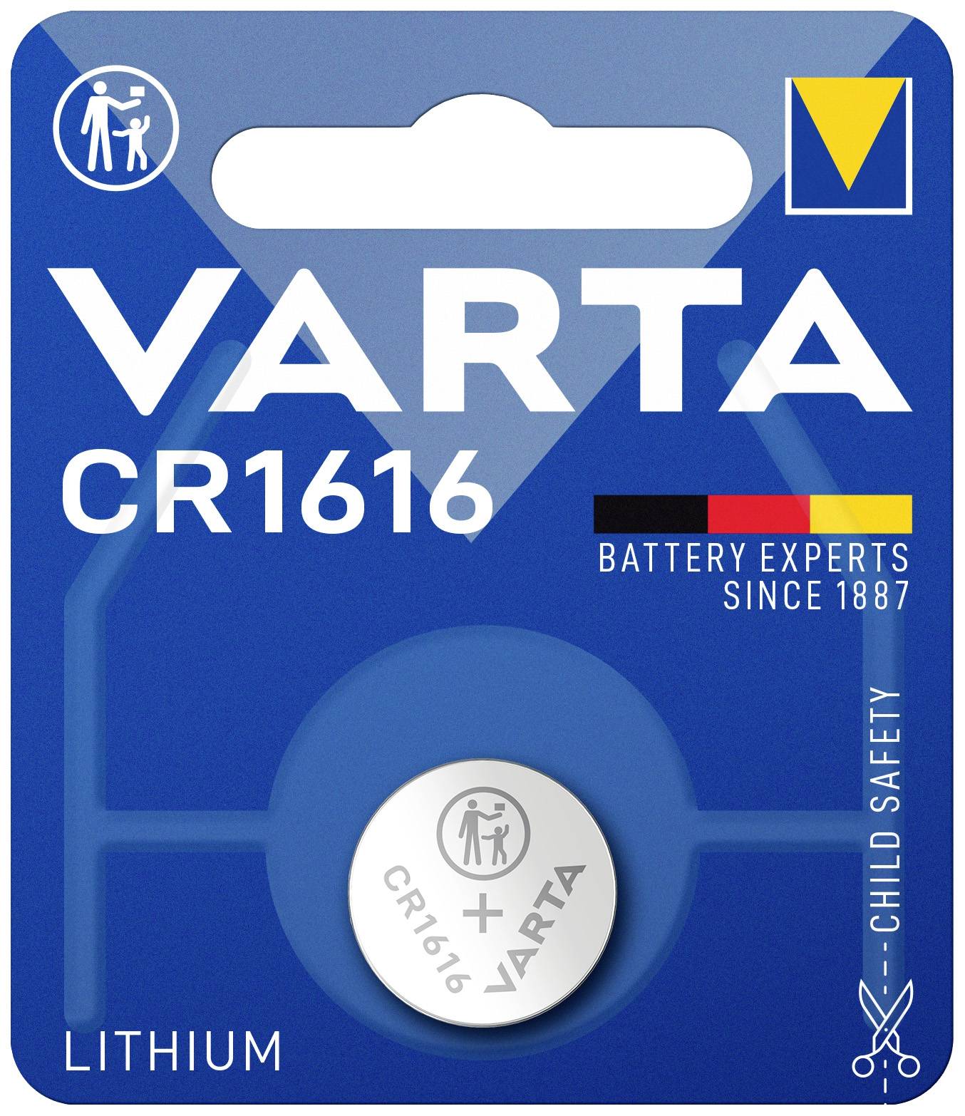 'VARTA CR1616' Lithium-knoopcel in blauw verpakkingsontwerp met vermelding van kinderveiligheid. Batterij-experts sinds 1887.