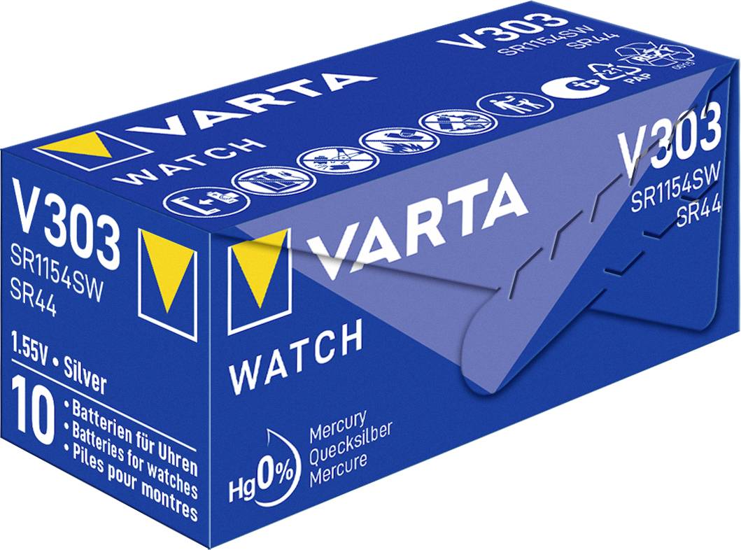 Een blauwe VARTA-verpakking voor zilveroxide knoopcel V303, geschikt voor horloges, met 1,55V en kwikvrij. Bevat 10 stuks.