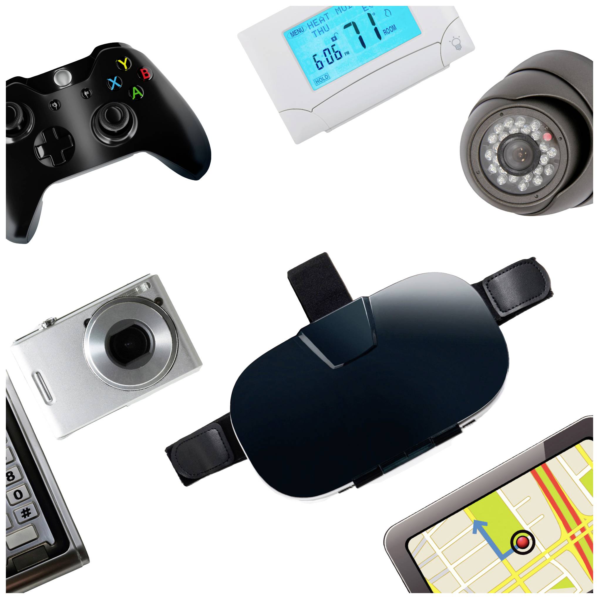 'Collage van verschillende technologieapparaten: gamecontroller, thermostaat, beveiligingscamera, digitale camera, virtual reality-bril, GPS-kaart.'