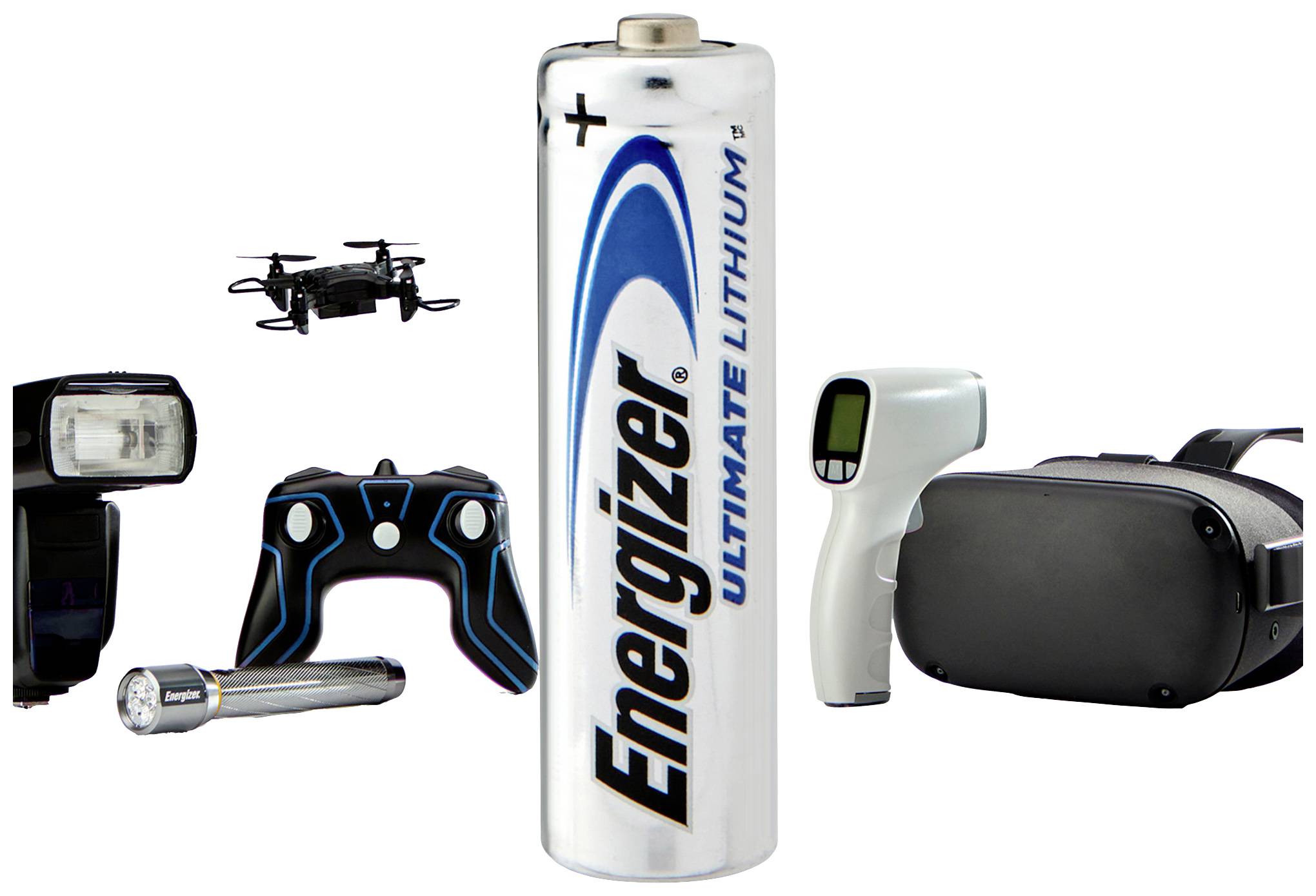 Een grote lithium-batterij in het midden, omringd door elektronische apparaten zoals een drone, een controller en een zaklamp.