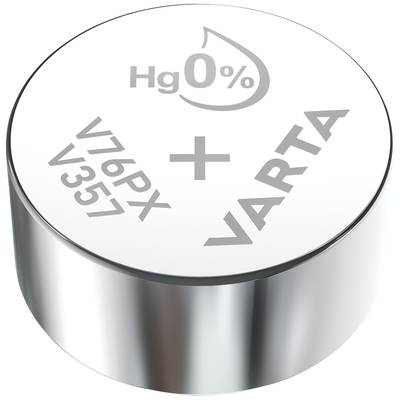 Cilindrische zilveroxide batterij met de opdruk 'VARTA', 'Hg 0%', 'V76PX', '+', 'V357'.
