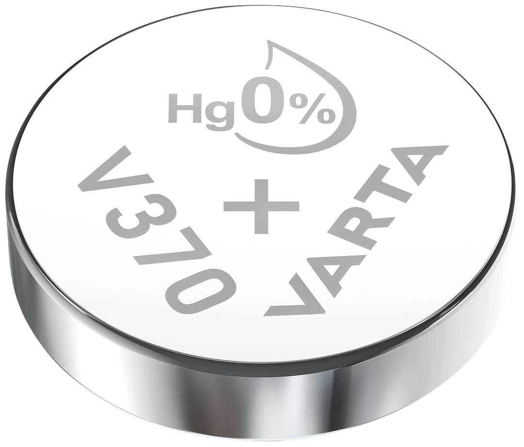 Zilveren knoopcelbatrij met opschrift 'Hg 0%', 'V370', en 'VARTA'. Voornamelijk gebruikt voor horloges en andere kleine apparaten.