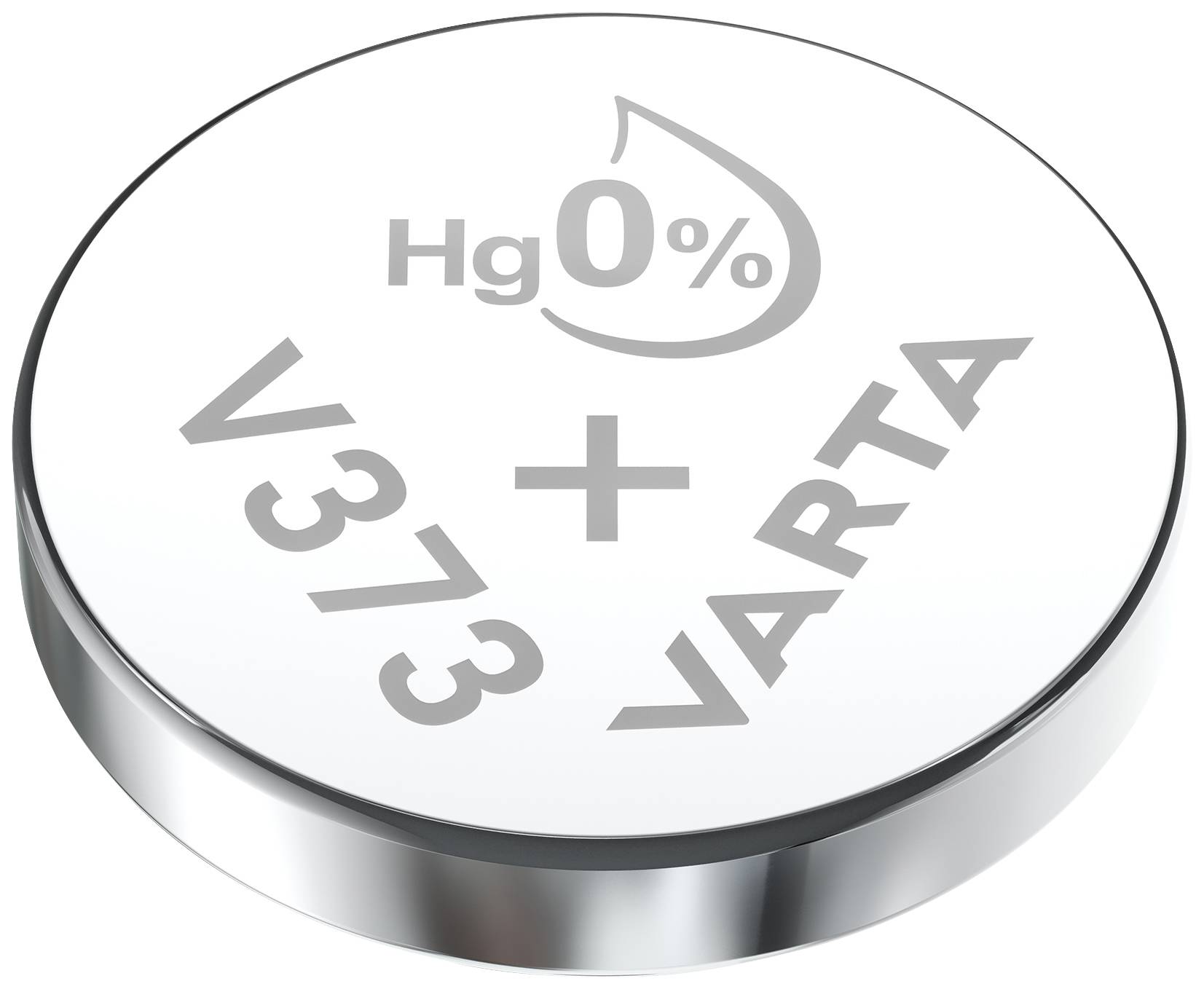 Ronde zilveren batterij met opdruk 'Hg 0%', 'V373', en 'VARTA'. Indicator voor kwikvrije knoopbatterij.