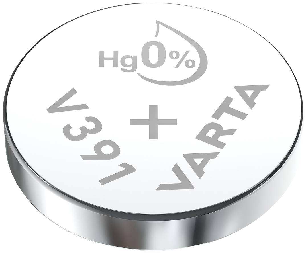 Ronde zilverkleurige knoopcelbatterij met opschrift 'Hg 0%', 'V391' en 'VARTA'. Toont aan dat de batterij kwikvrij is.