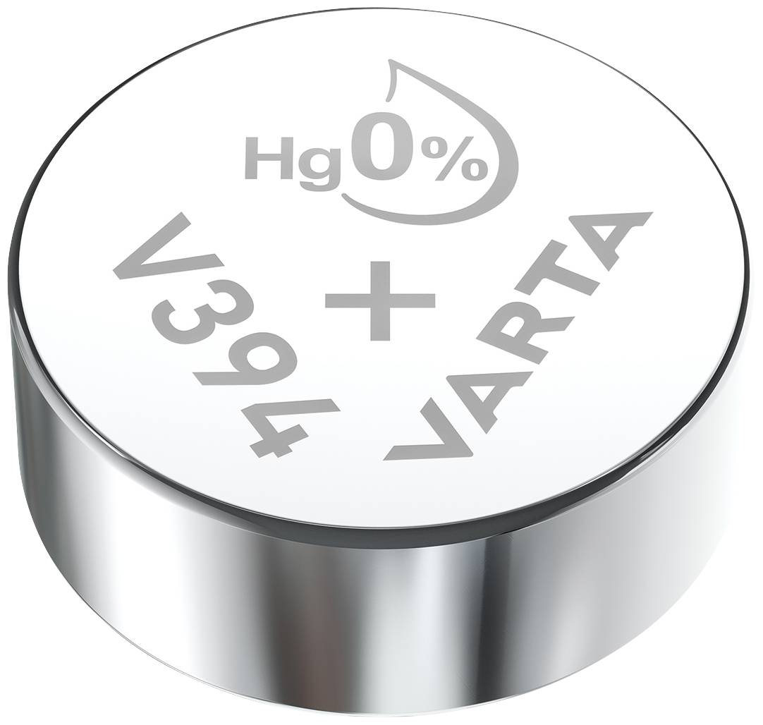 Zilveren knoopcelbatterij met de opdruk 'Hg 0%, V394, +, VARTA'.