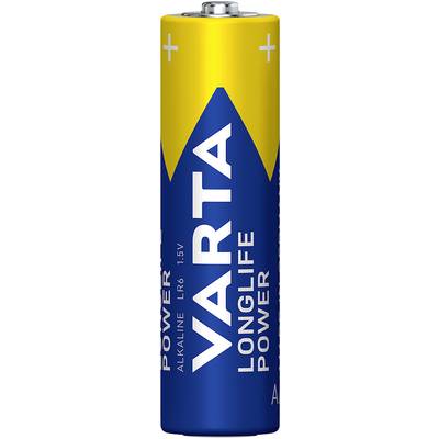 AA-batterij van het merk Varta, model Longlife Power. Hoofdkleuren zijn blauw en geel. Spanning: 1,5 V, Type: LR6 Alkaline.