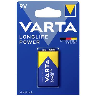 Verpakte 9V Varta-batterij uit de 'Longlife Power'-serie, geschikt voor apparaten met hoog energieverbruik.