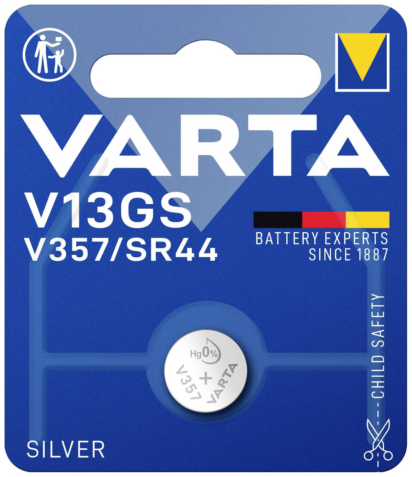 Blisterverpakking met een VARTA V13GS knoopbatterij, type V357/SR44, zilver, met opdruk 'Child Safety' en 'Battery Experts Since 1887'.