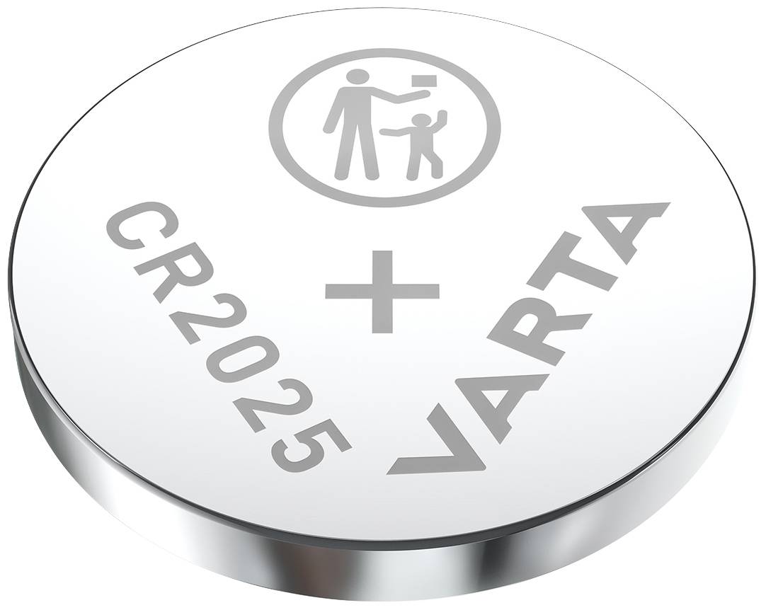Lithium-knoopcelbatterij met opdruk: 'CR2025', '+' symbool, 'VARTA'. Symbool voor recycling en milieubescherming door correcte verwijdering.