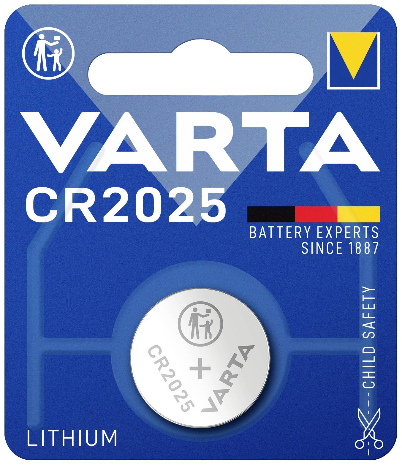 Packaging of a VARTA CR2025 Lithium Battery with child-resistant closure. Contains information on capacity and safety.