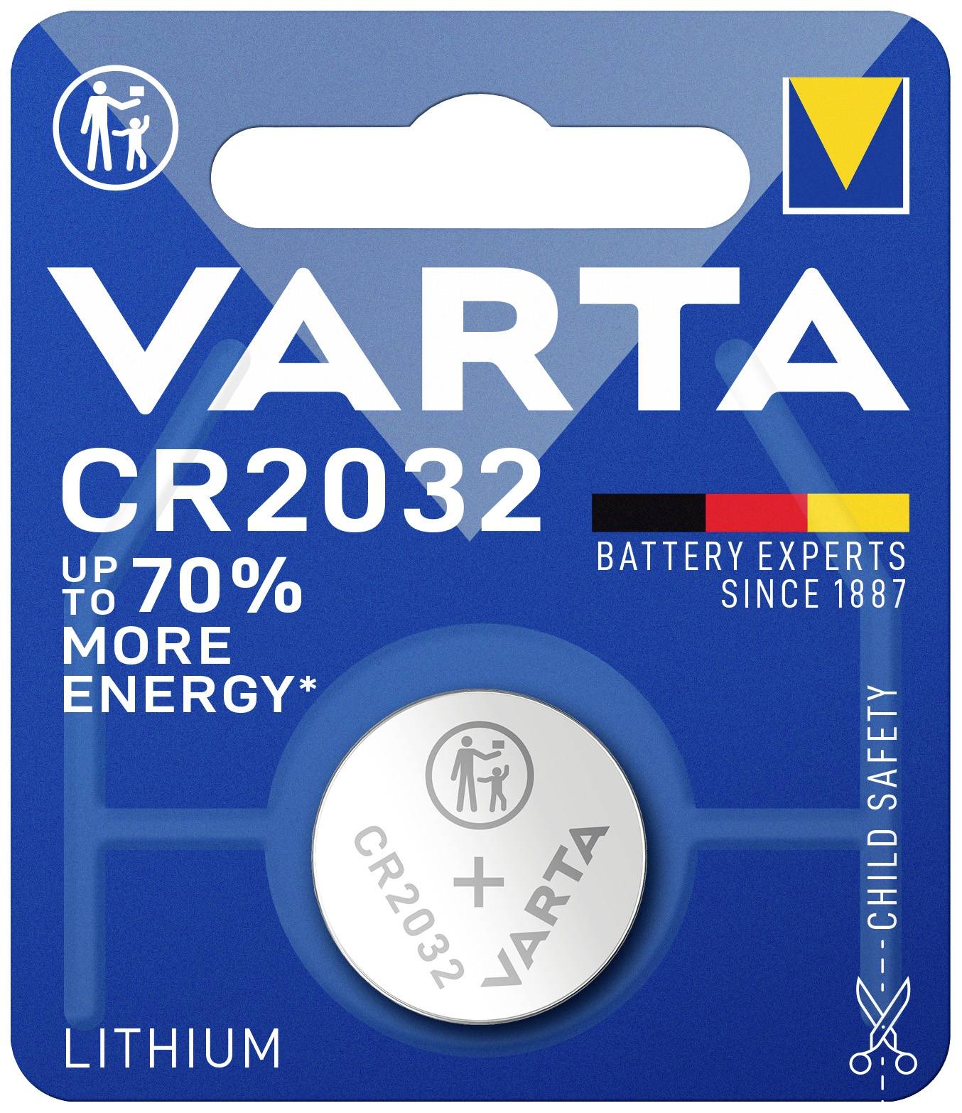 Blisterkaart met een Varta lithium knoopcel, type CR2032. Tekst: 'Tot 70% meer energie', 'Kindveilig'.