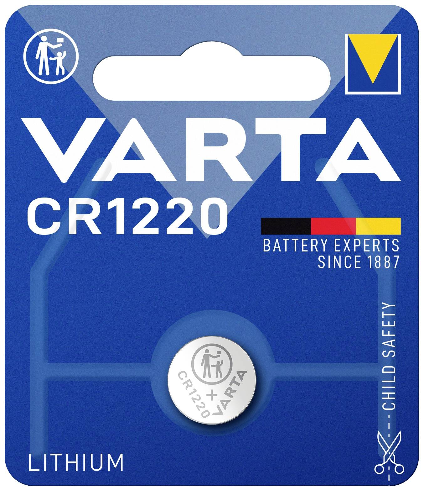Batterijverpakking met VARTA CR1220 Lithium-knoopcel. Tekst 'Batterij-experts Sinds 1887', 'Kindveiligheid'. Verpakking in blauw.