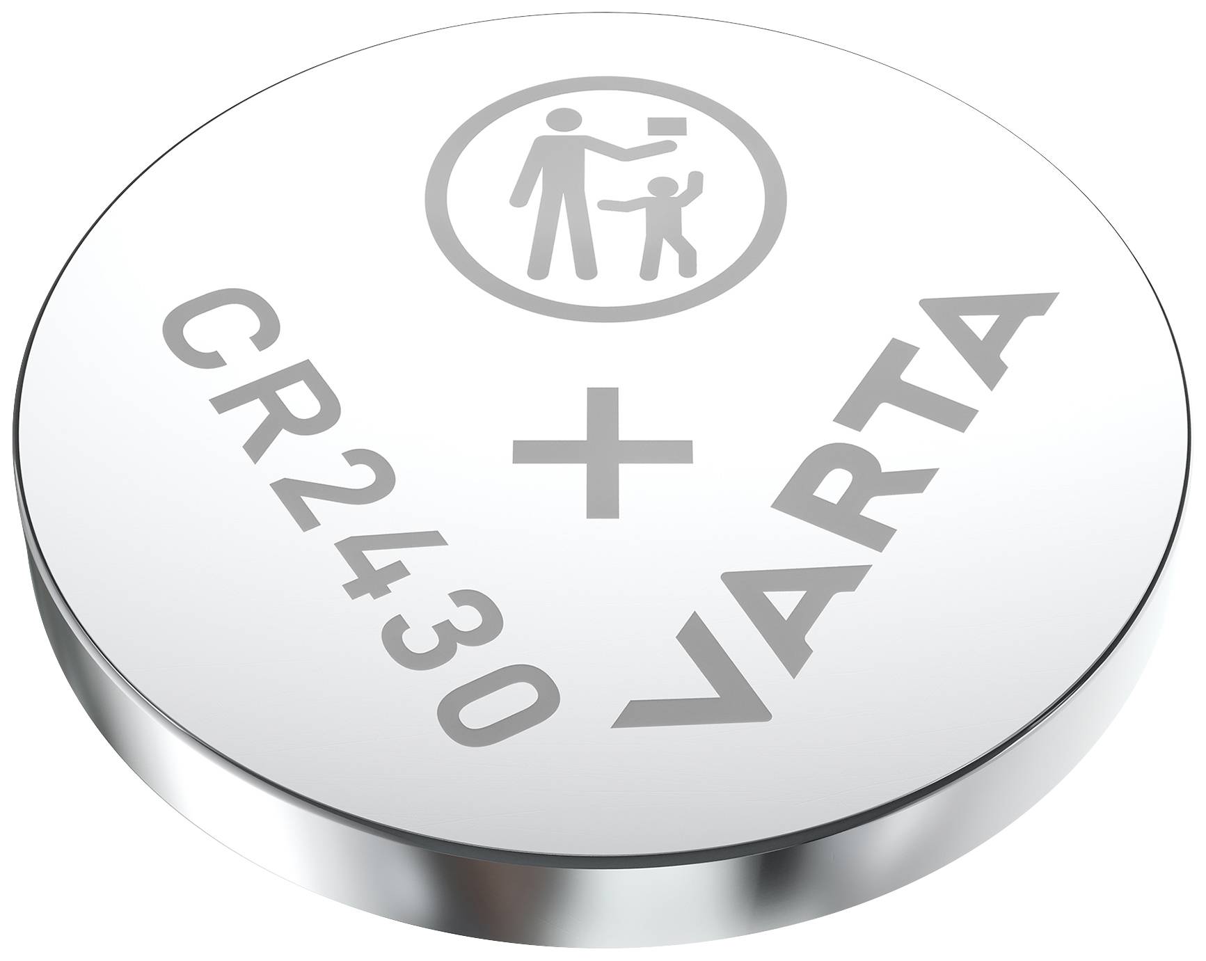 Ronde, zilveren knoopbatterij met het opschrift 'CR2430' en 'VARTA', verwijderingssymbool bovenaan.