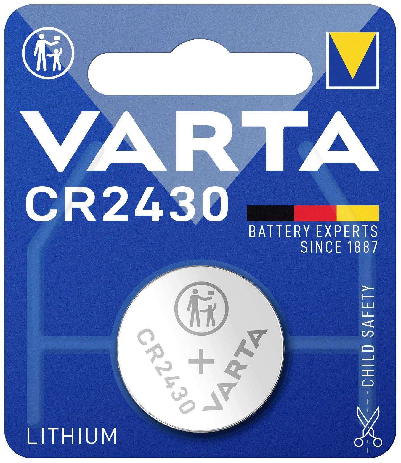 Verpakking van een VARTA CR2430 lithium-knoopbatterij met kinderveiligheid. Bevat veiligheids- en merkgegevens.