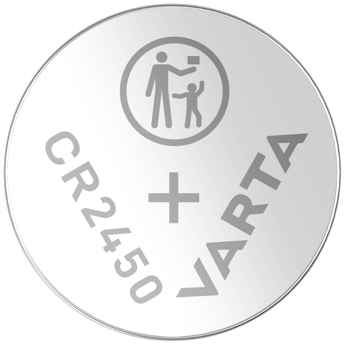 Zilveren knoopbatterij met het opschrift 'CR2450 VARTA' en een symbool dat een volwassene met een kind toont.