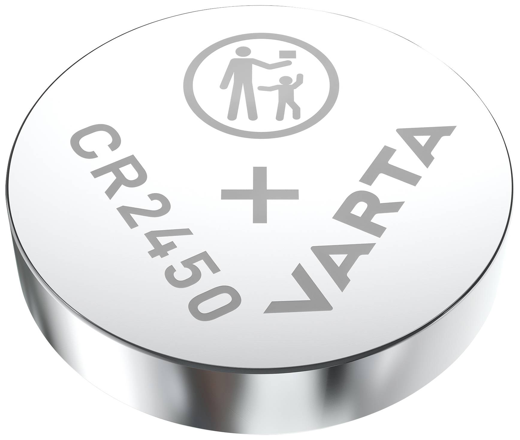 Een knoopcelbatterij met het opschrift 'CR2450 VARTA'. Bovenaan is een symbool te zien met een volwassen en een kinderlijke figuur.