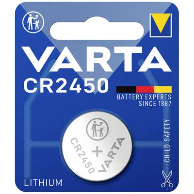 'Varta CR2450 Lithium-batterij' verpakking. Rond, zilver, met kinderveiligheidsinformatie. Opmerking: 'Batterij-experts sinds 1887'.