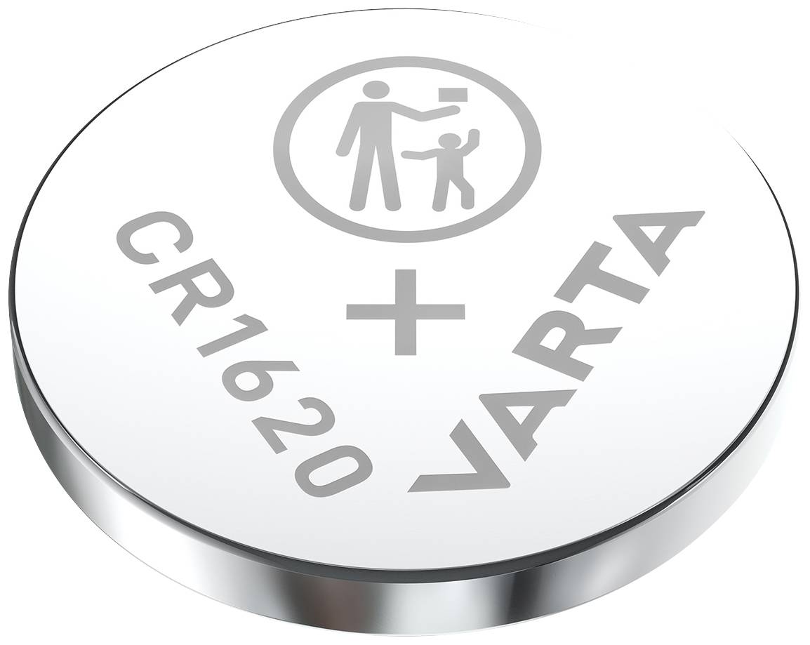 CR1620-knoopcelbatterij van VARTA, zilveren rond ontwerp met symbool dat waarschuwt voor inslikgevaar voor kinderen.